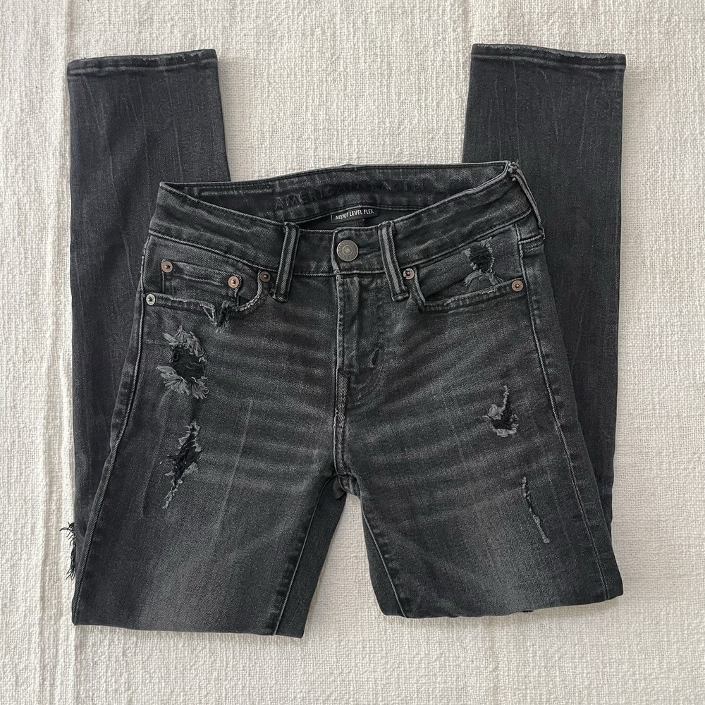 American Eagle Jeans Mens 26 X 28 Airflex Slim Distressed Denim Pants Black Grey